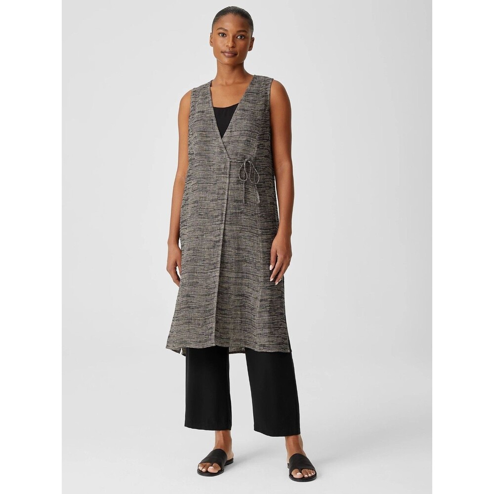 Eileen Fisher Organic Linen Silk Trim Sleeveless Wrap Dress Womens S/P Gray